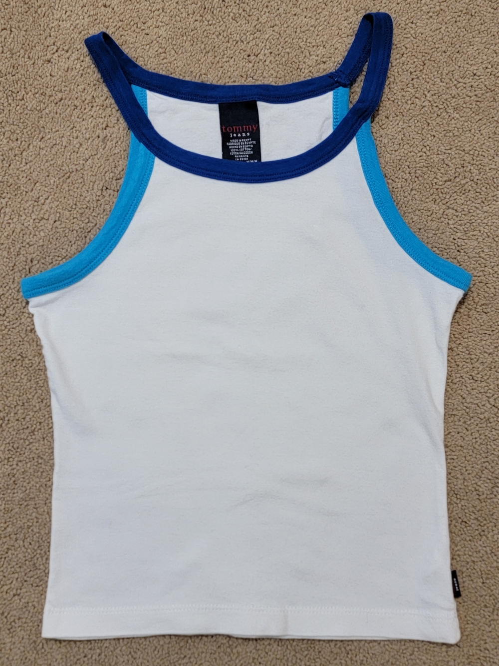 Vintage Y2K Tommy Jeans White Tank Top with Blue Trim - Medium